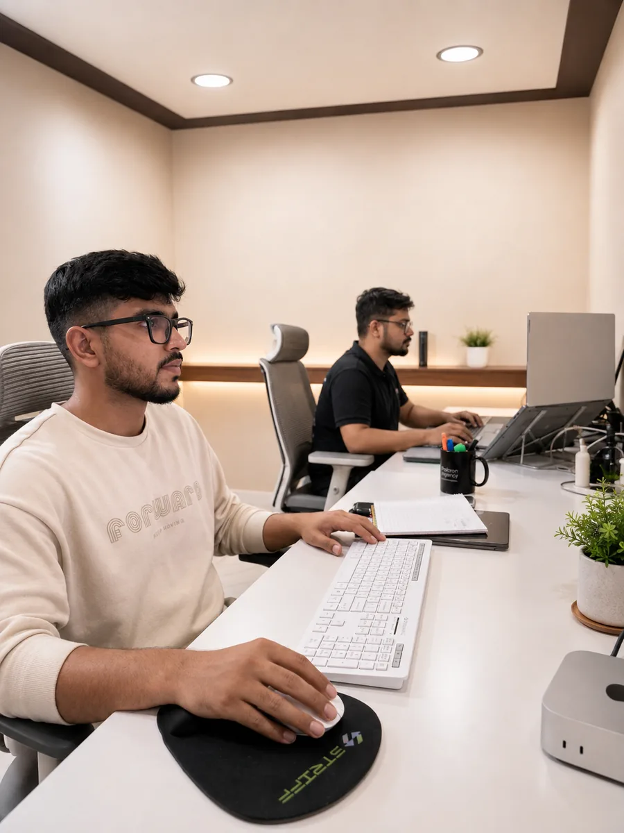 Two people working at desks along one bench in the Palcron office.