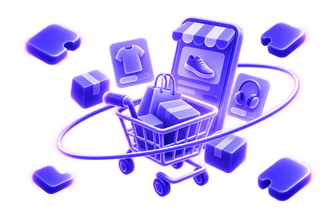 A storefront, shopping basket and parcels rendered in the Palcron violet, ringed by connected modules.
