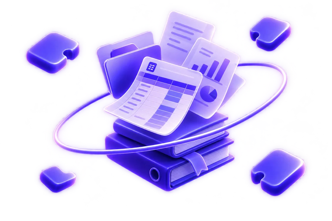 A ledger and financial statements rendered in the Palcron violet, ringed by connected modules.