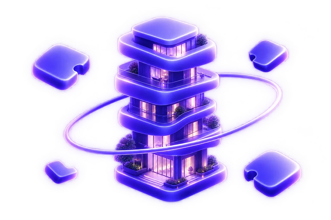 A stacked residential building rendered in the Palcron violet, ringed by connected modules.
