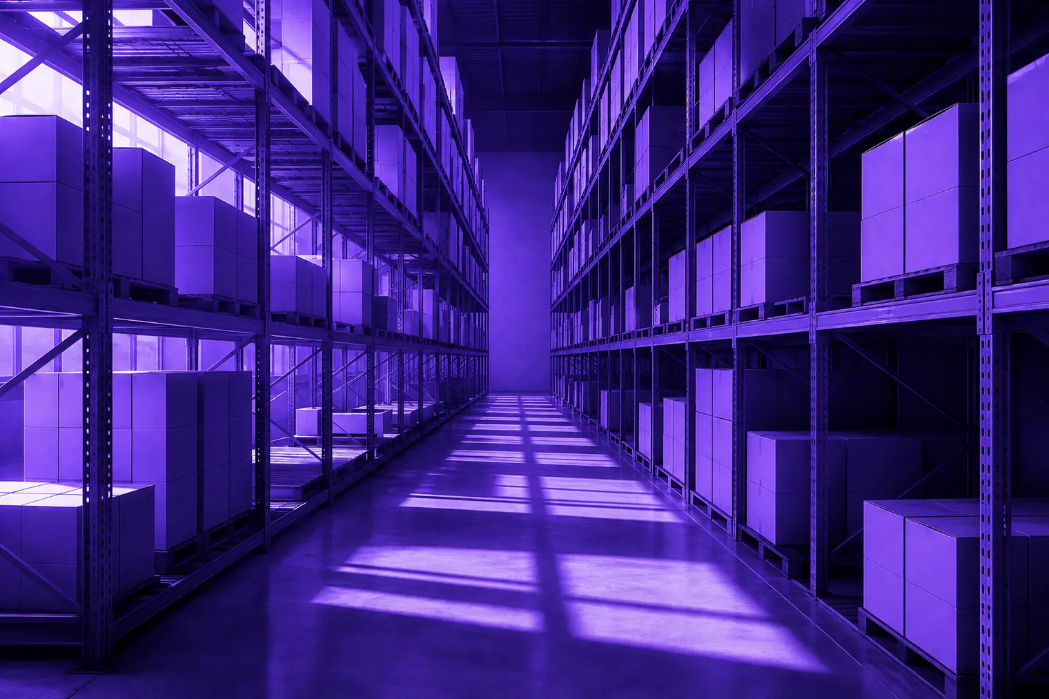An aisle of pallet racking in a warehouse.